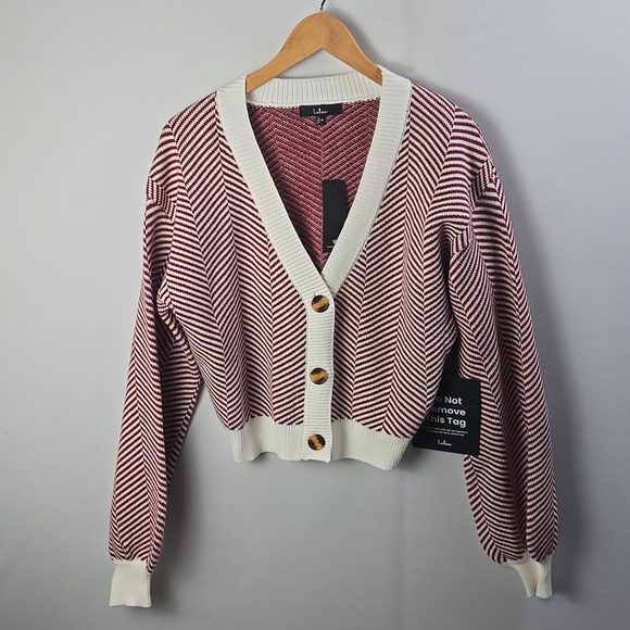 Lulus Sweaters - Lulu's Here Comes a Holiday Red and White Striped Button-Up Cardigan Sz M - NWT